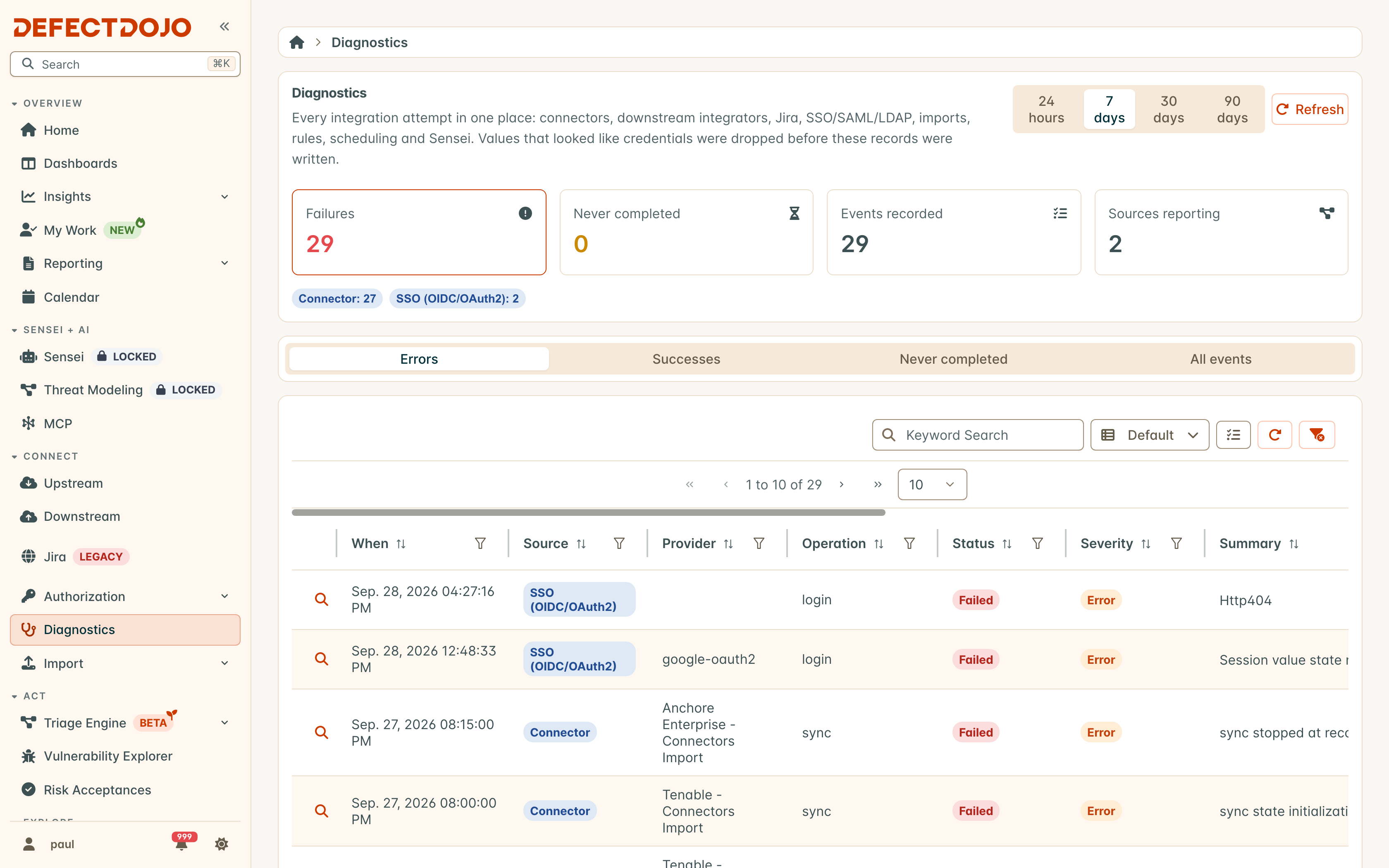 The Diagnostics ledger, Errors view