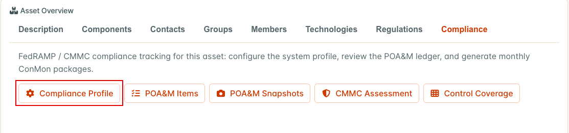 The Compliance tab on an Asset, with the Compliance Profile button