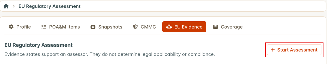 The EU Evidence tab before any assessment exists