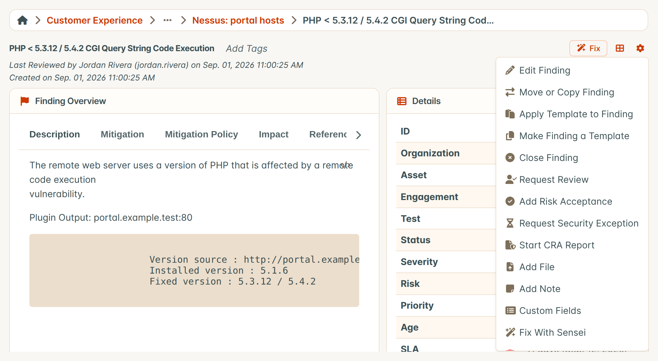 Risk Acceptance in Finding Submenu