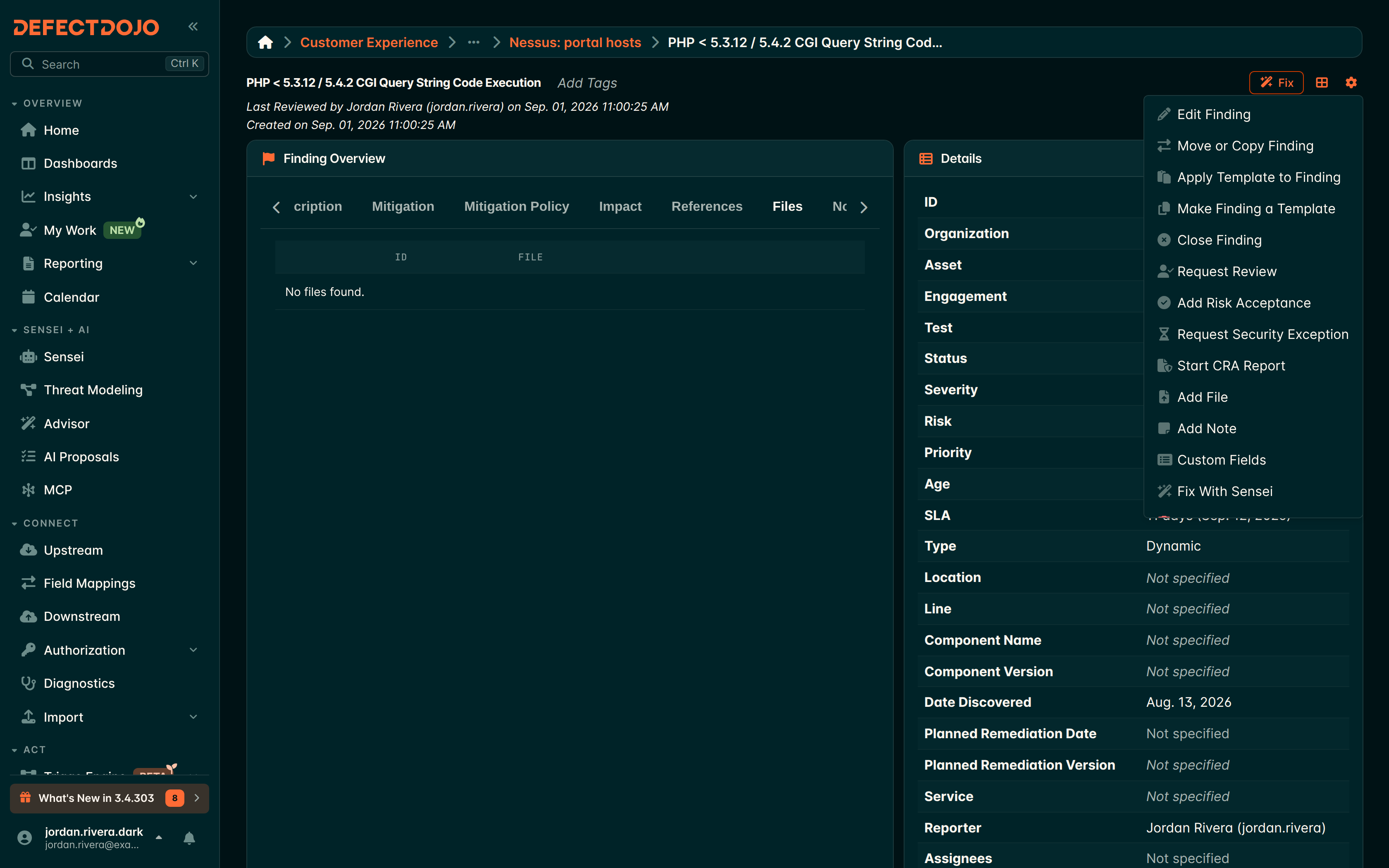 The Add File action in the Finding gear menu, with the Files tab below