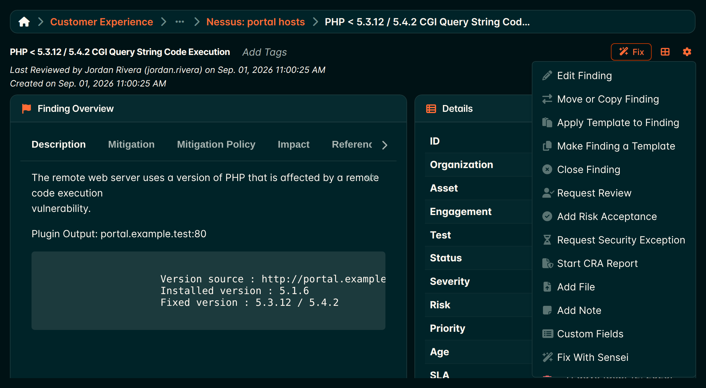 Risk Acceptance in Finding Submenu