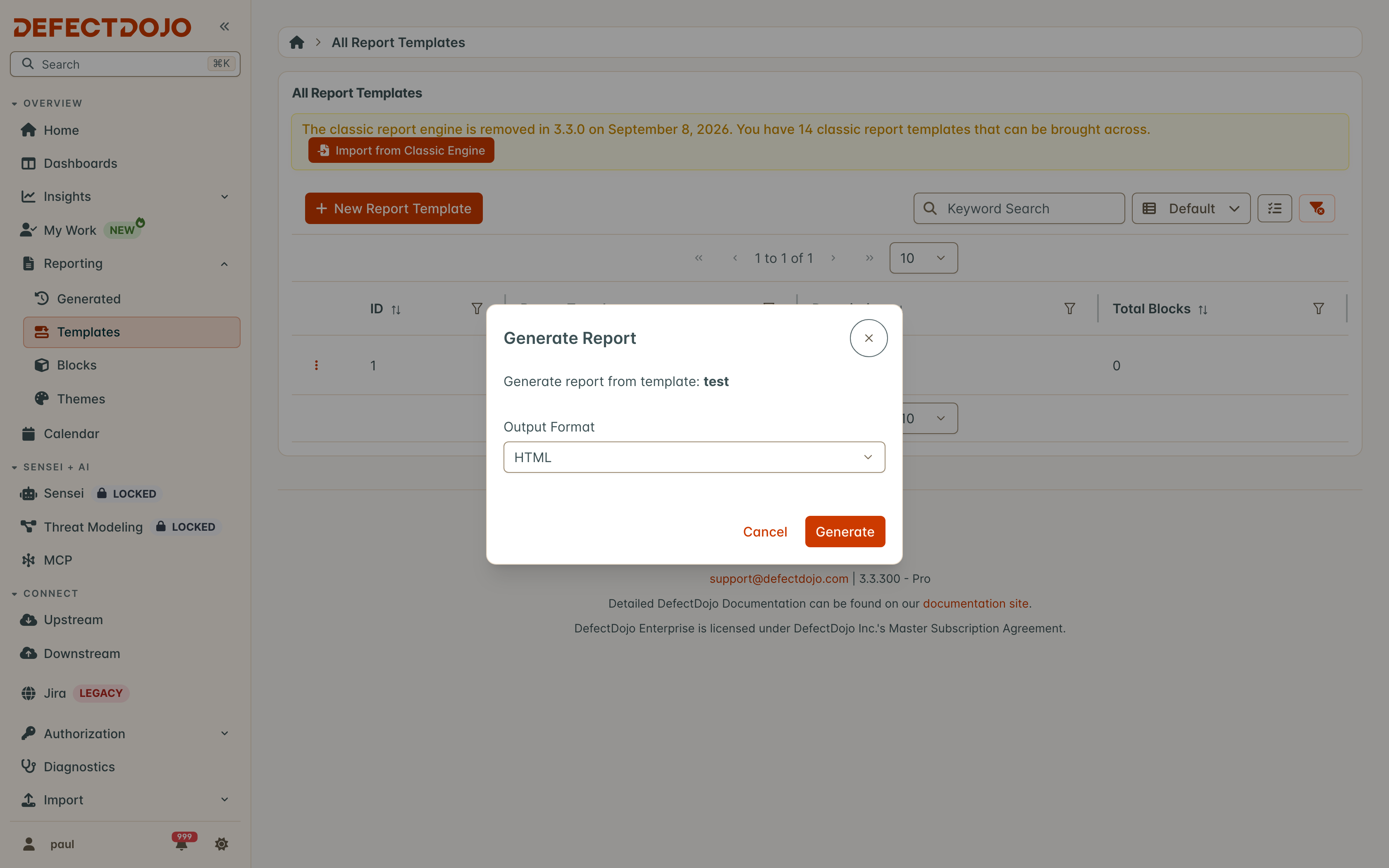 Generate report dialog