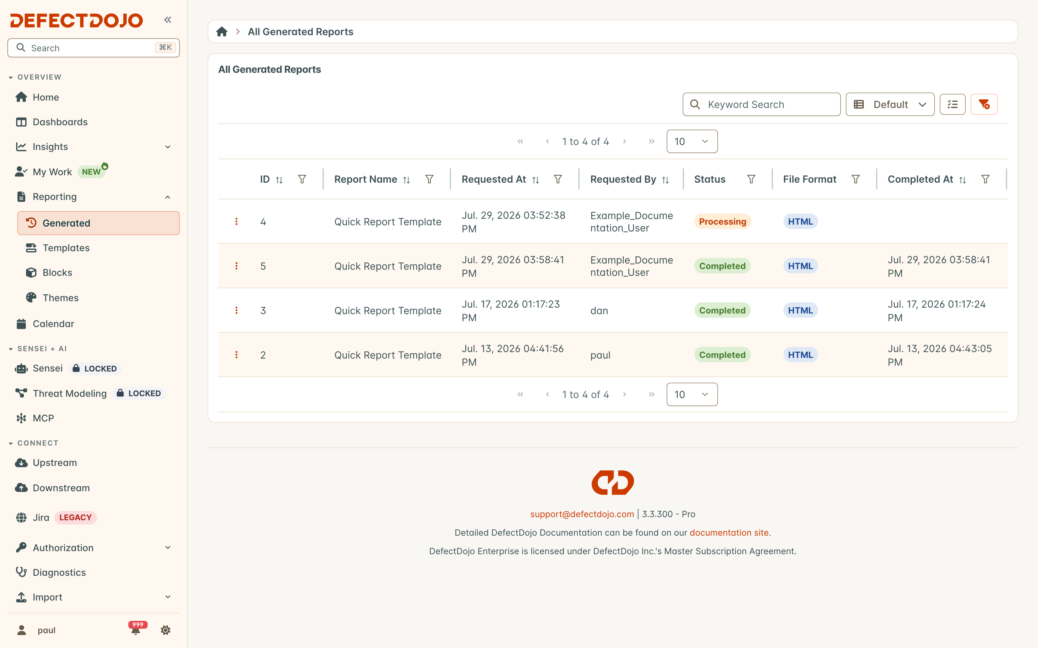Generated reports list