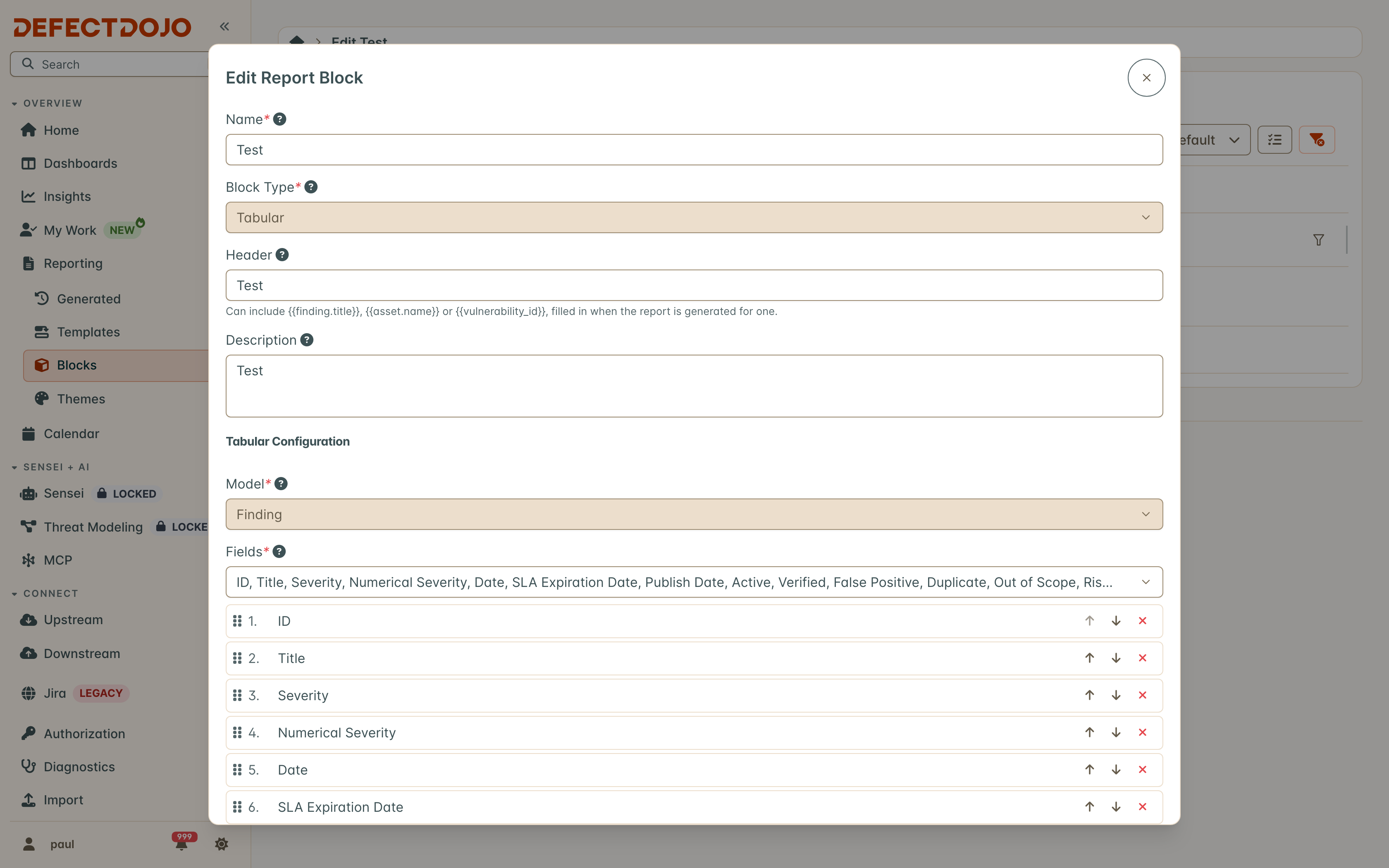 Tabular block configuration