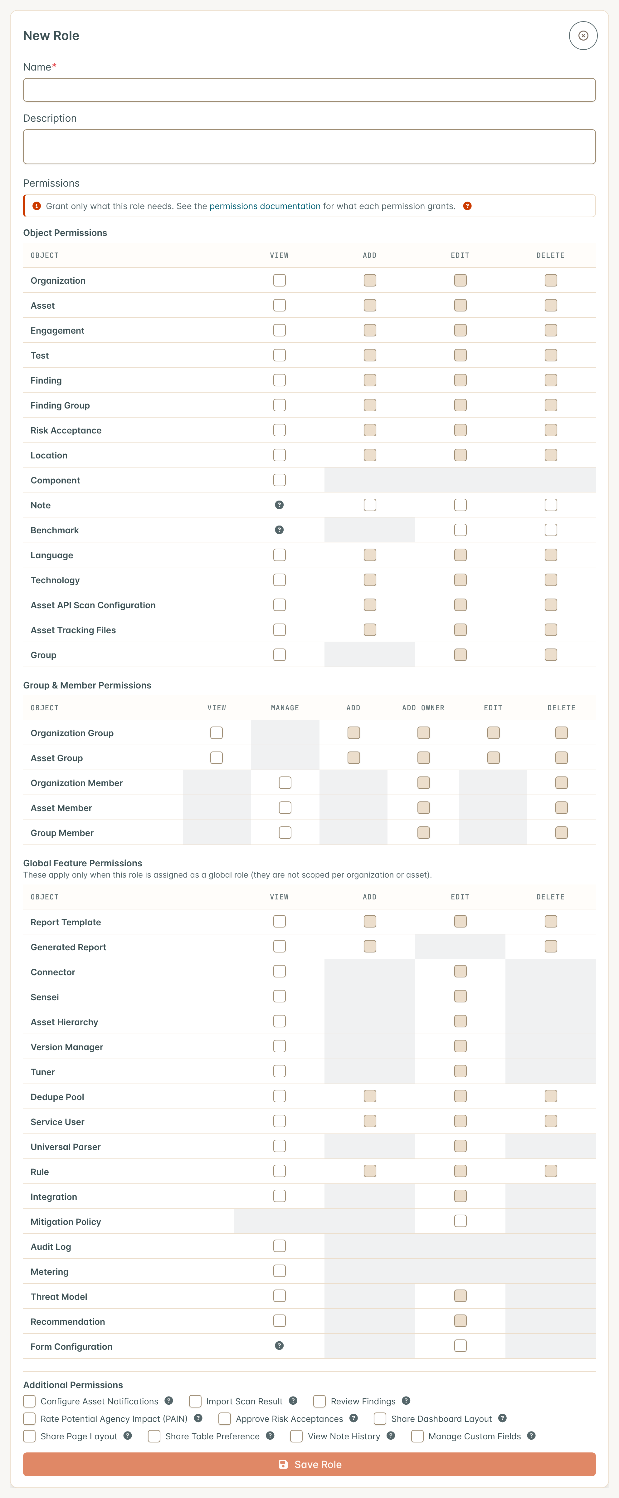 The permission grid in the role form