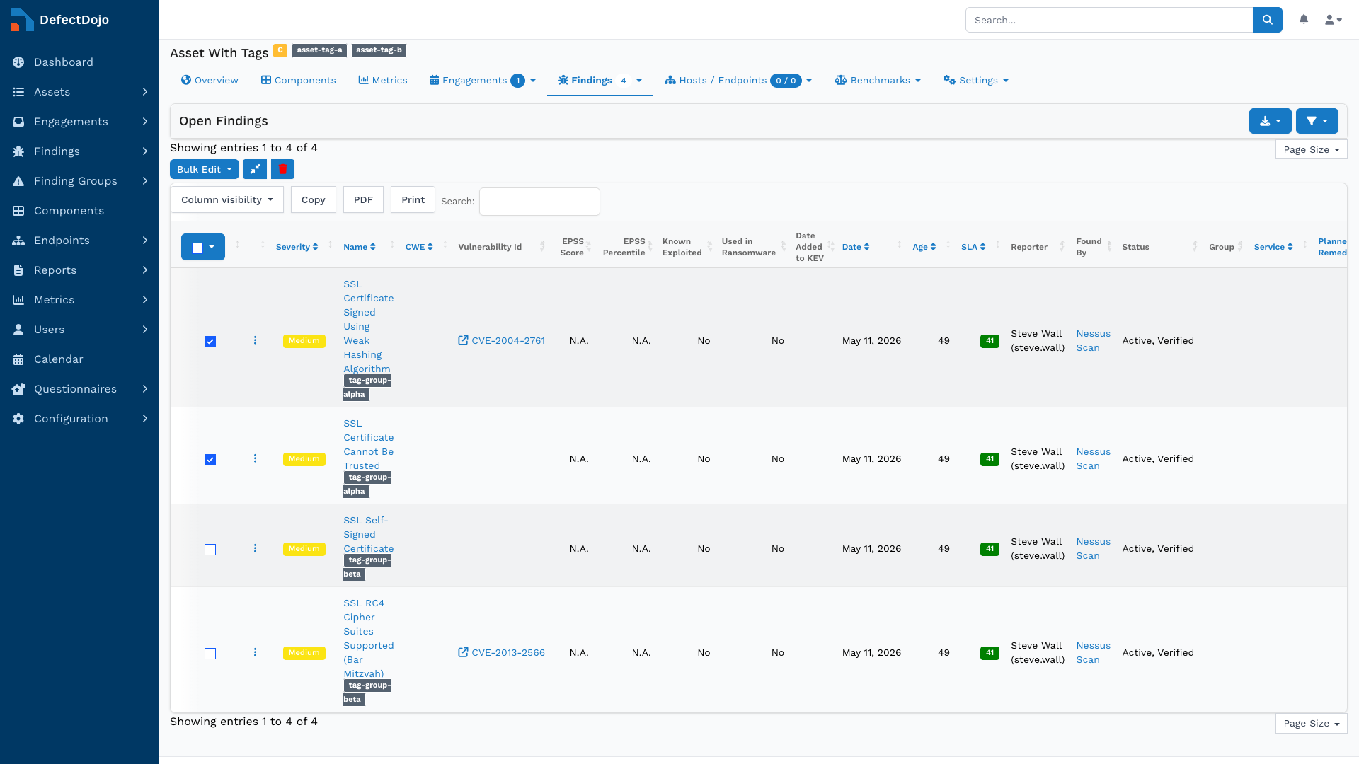 Select findings for bulk edit tag update