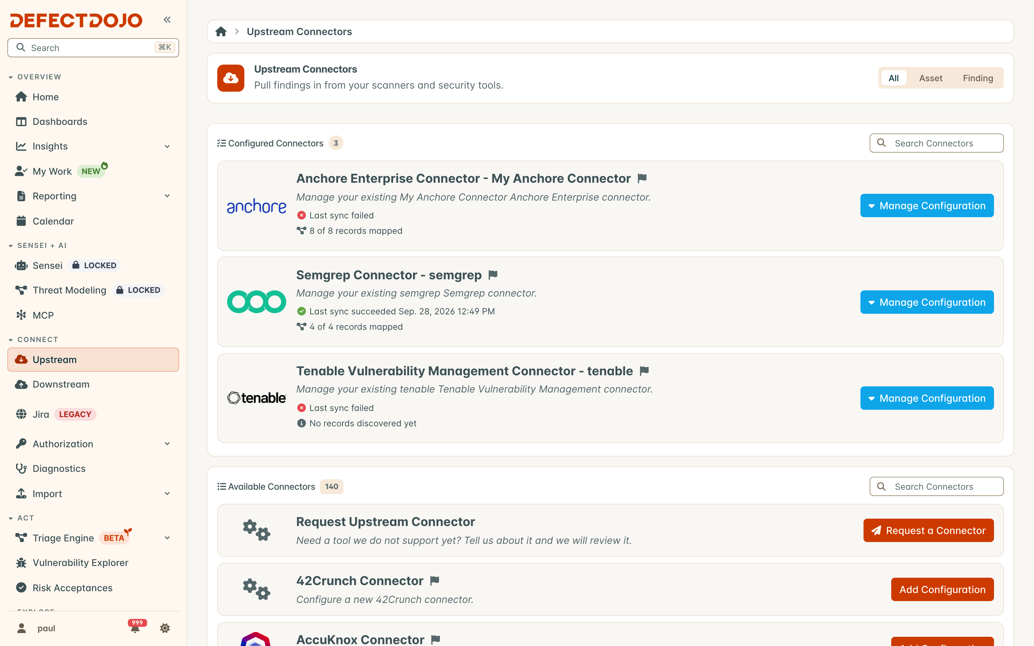 The Connectors page, with a count beside each section heading