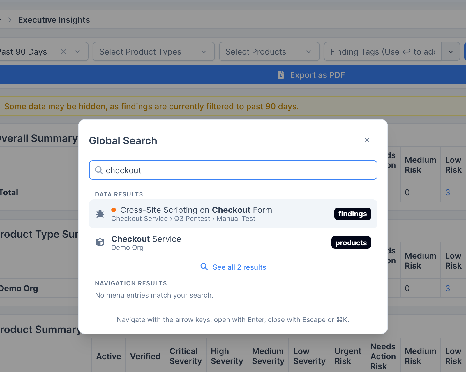 The Global Search dialog in Search mode