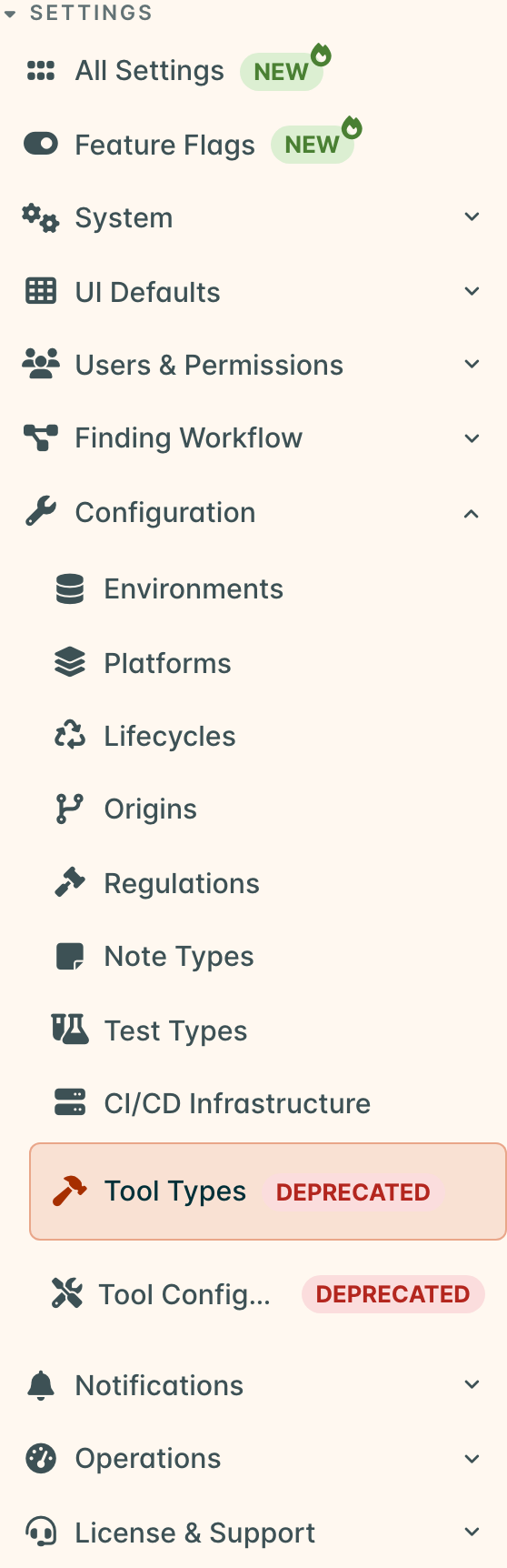 DEPRECATED badges under Settings > Configuration