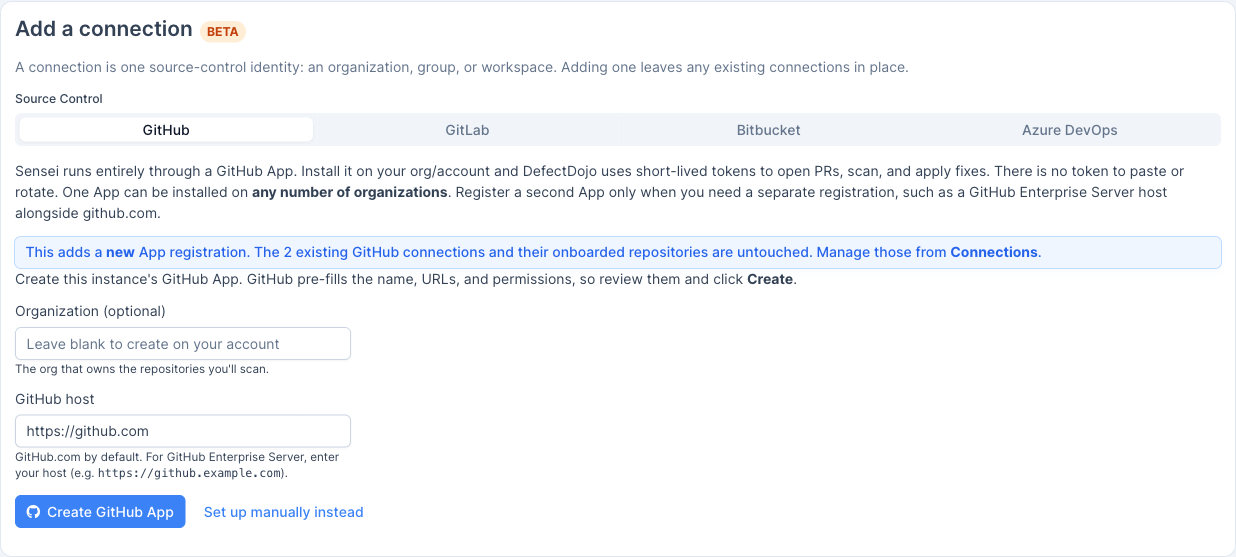 Add a connection, with the source-control provider chosen here