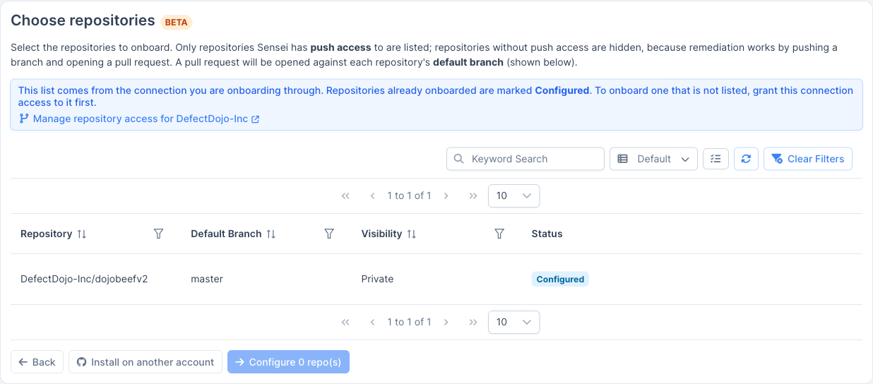 Select repositories to onboard